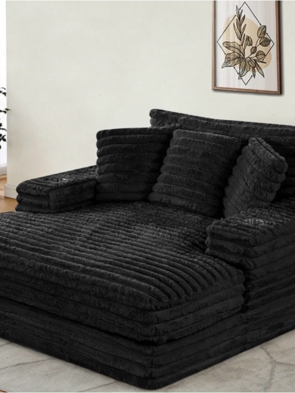Black Plush Corduroy Sectional Sofa - Home Accents